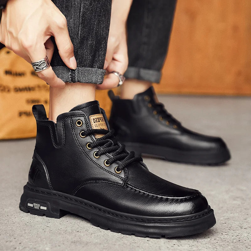 Botas Hombre Motocicleta Outdoor - Botines Casual Plataforma Cordones Marrón Negro