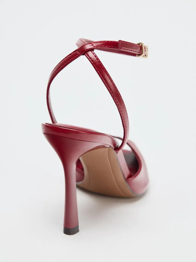 Sandalias Piel Mujer Rojas - Zapatos Tacón Alto Correa Tobillo Boda Elegantes