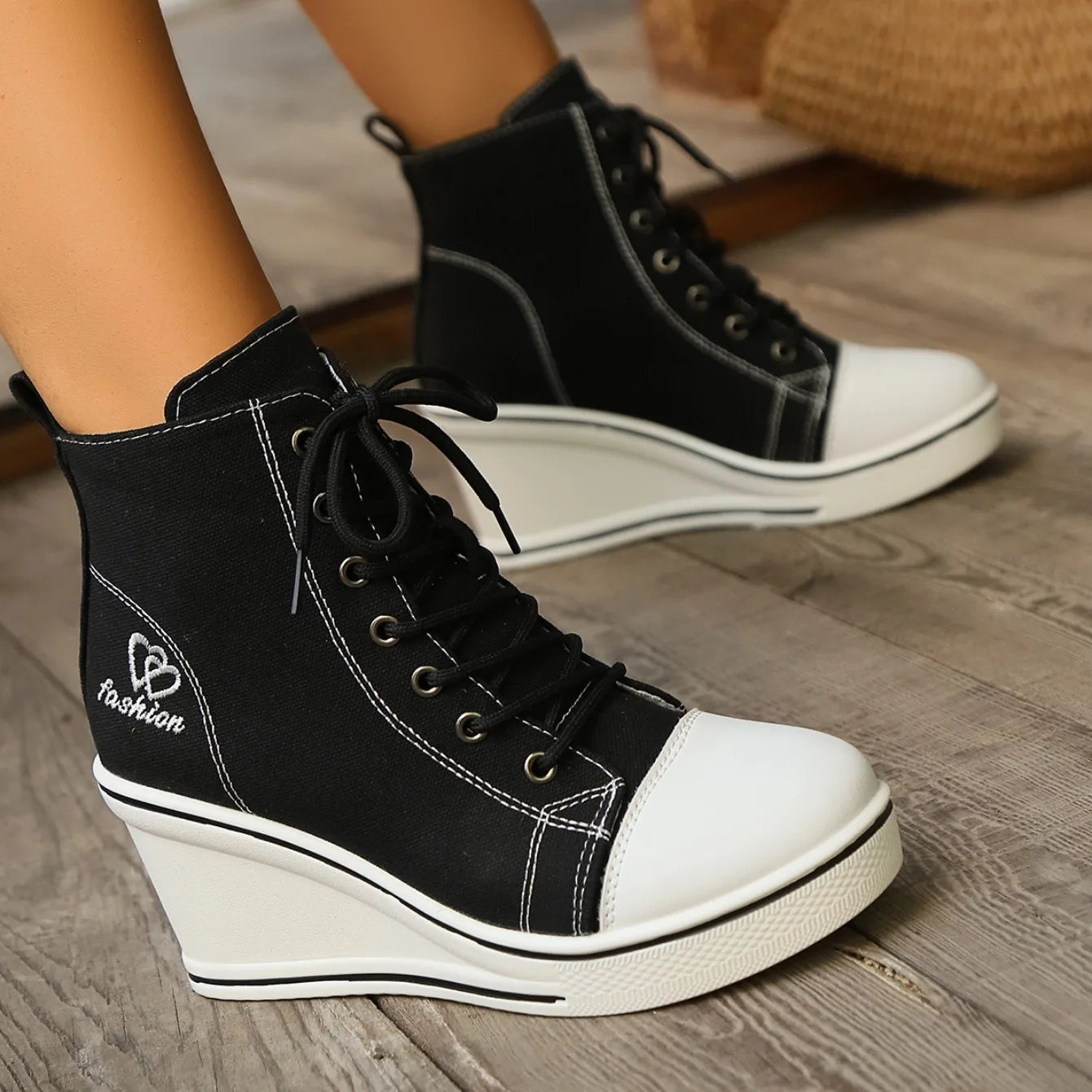 Sneakers High Top Mujer 2024 - Zapatillas Cuña Plataforma Canvas Aumenta Altura