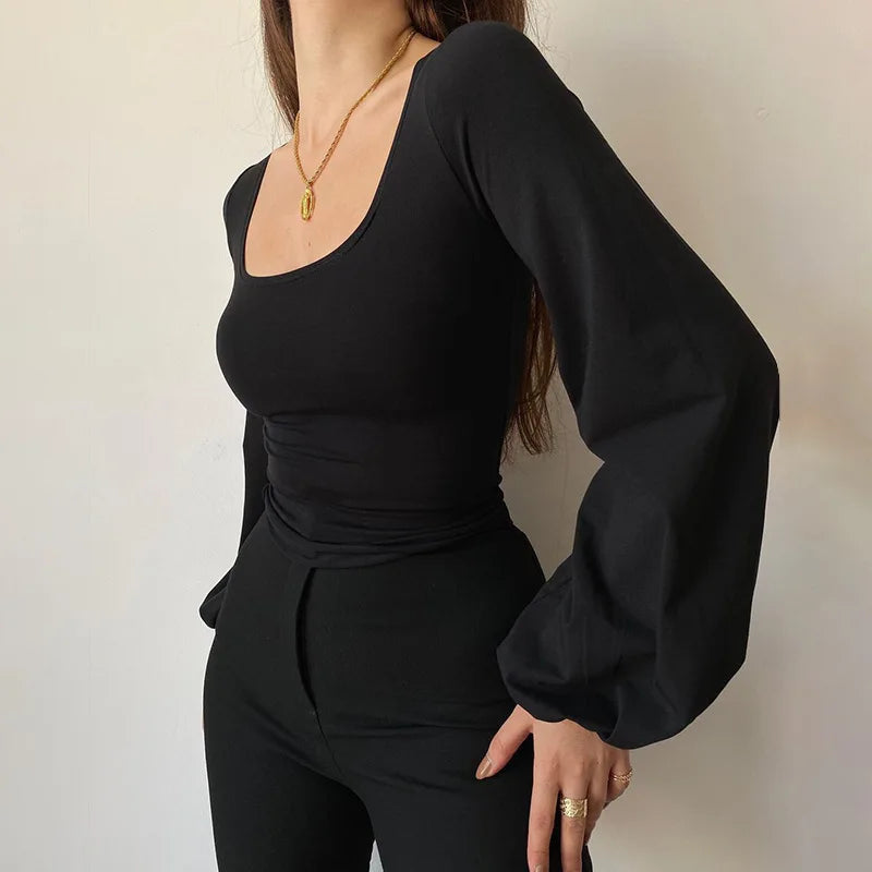 Blusa Negra Mujer Elegante - Top Manga Farol Cuello Cuadrado 2024