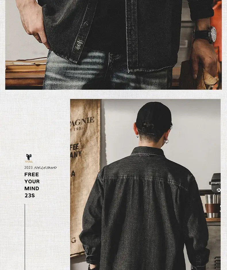 Camisa Denim Hombre Retro Trabajo - Casual Chaqueta Primavera Otoño Azul Manga Larga