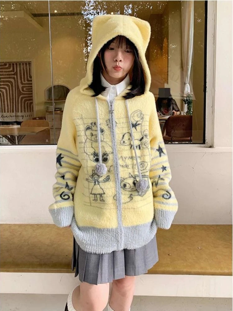 Cárdigan Mujer Vintage Graffiti Capucha - Oversized Invierno Punto Kawaii