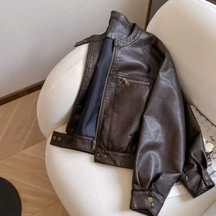 Chaqueta Cuero Mujer Primavera Otoño - Estilo Motociclista Retro
