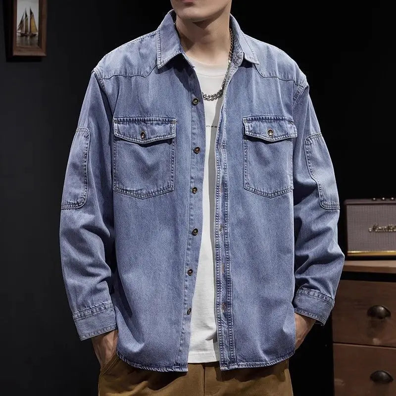 Camisa Denim Hombre Retro Trabajo - Casual Chaqueta Primavera Otoño Azul Manga Larga