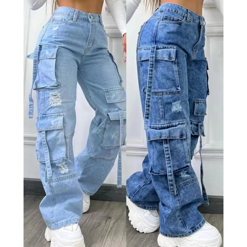 Jeans Cargo Mujer Multibolsillos - Pantalón Cintura Alta 2025