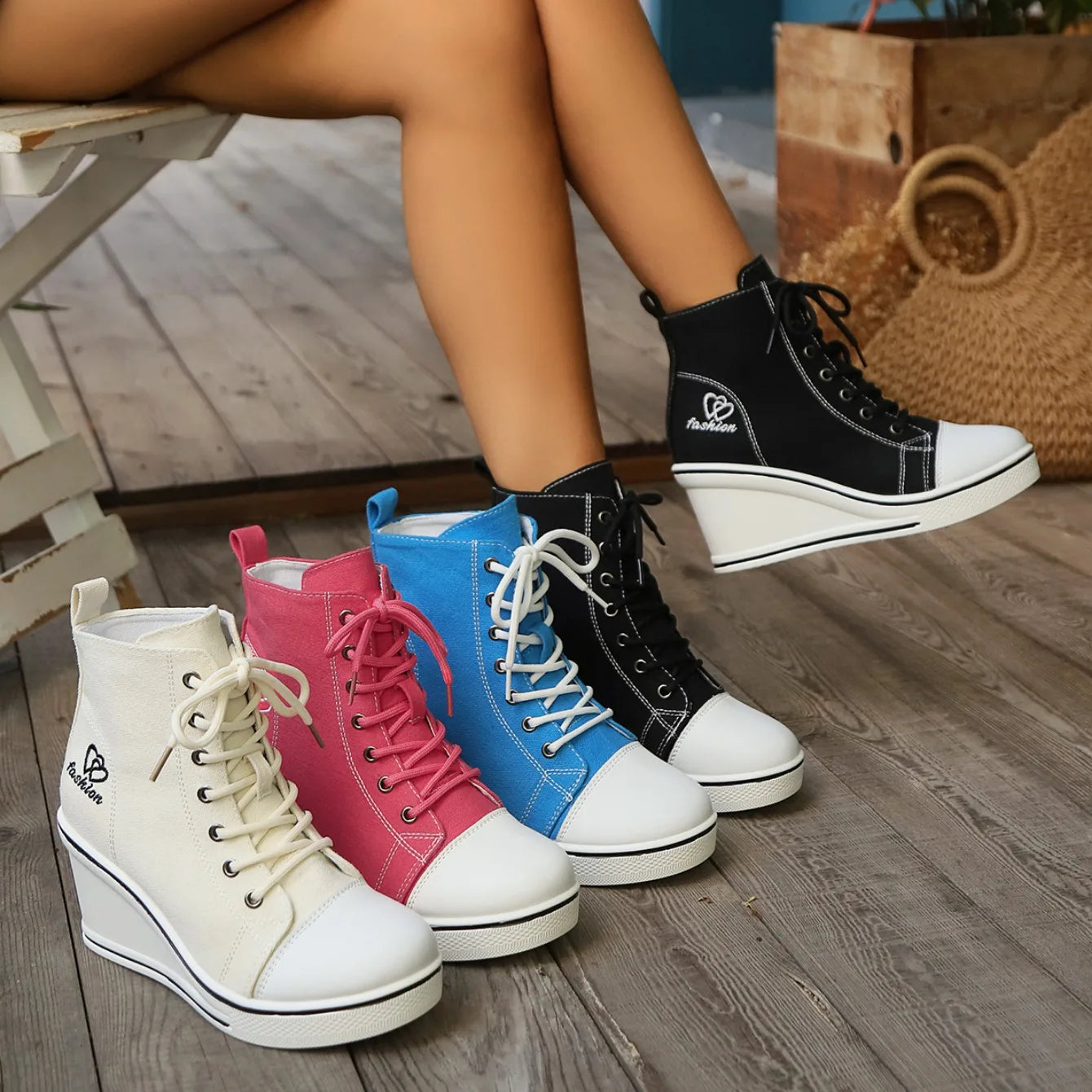 Sneakers High Top Mujer 2024 - Zapatillas Cuña Plataforma Canvas Aumenta Altura