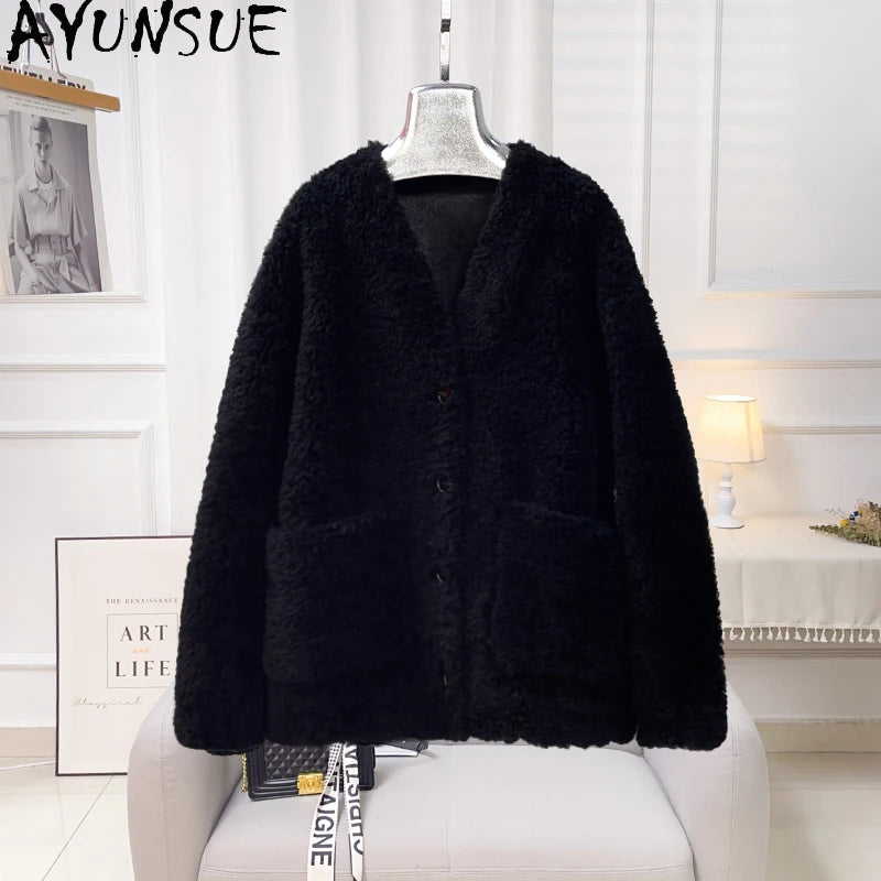 Chaqueta Lana Mujer Natural - Chaqueta Cordero Cuello V Media Largo 2025