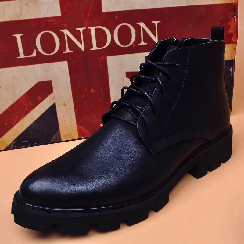 Botas Hombre Cuero Natural Negras - Casual Otoño Invierno Cowboy Platform Business Oficina Tobillo