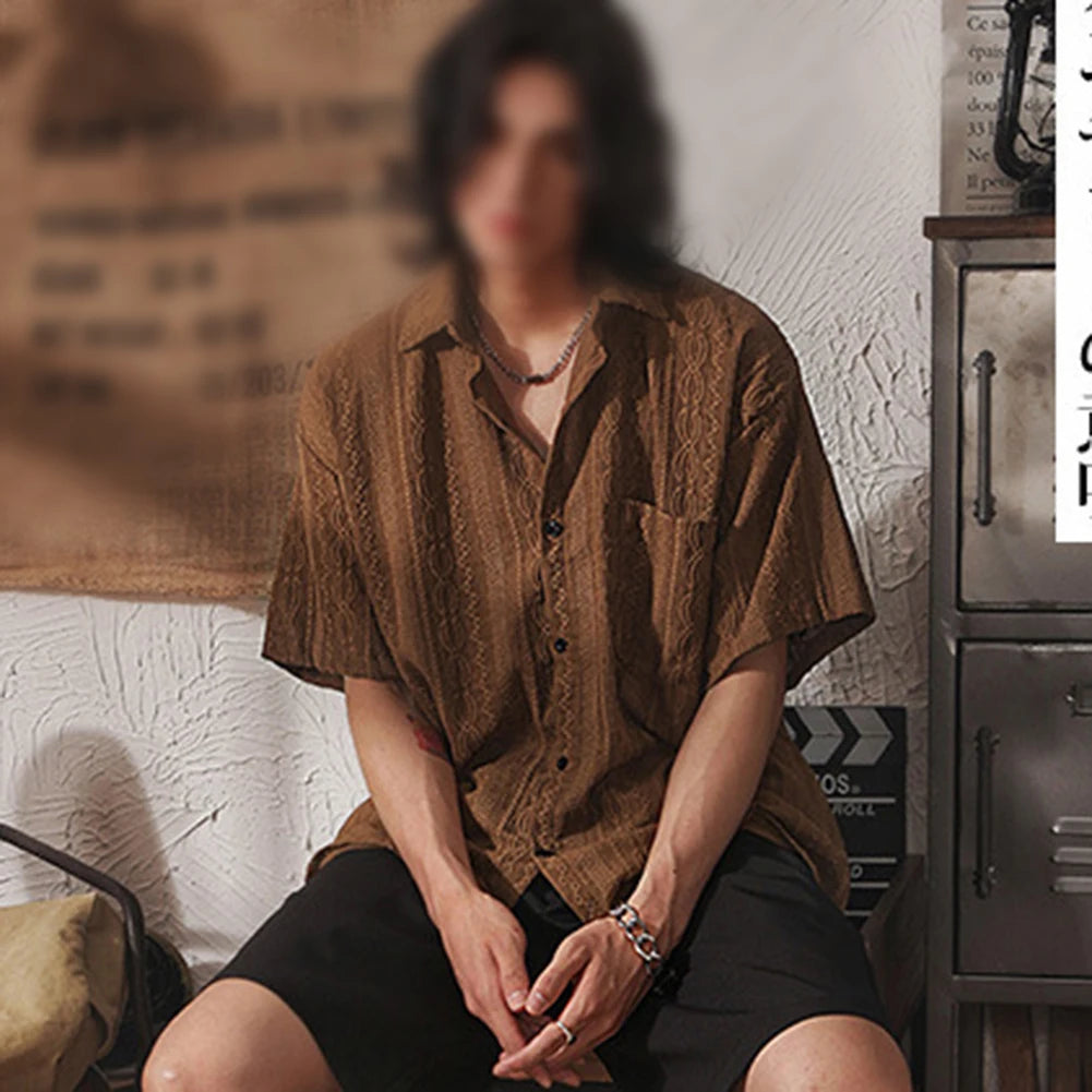 Camisa Hombre Casual Suelta Calada Manga Corta - Bolsillos Retro Fashion Vacaciones Diario