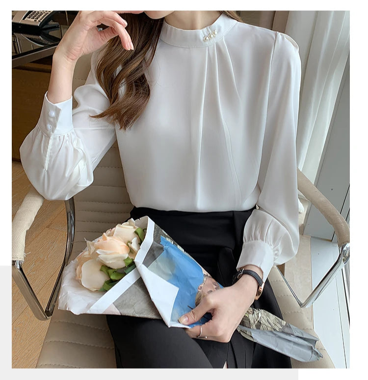 Blusa Satén Mujer Pedrería - Camisa Oficina Primavera Otoño 2025