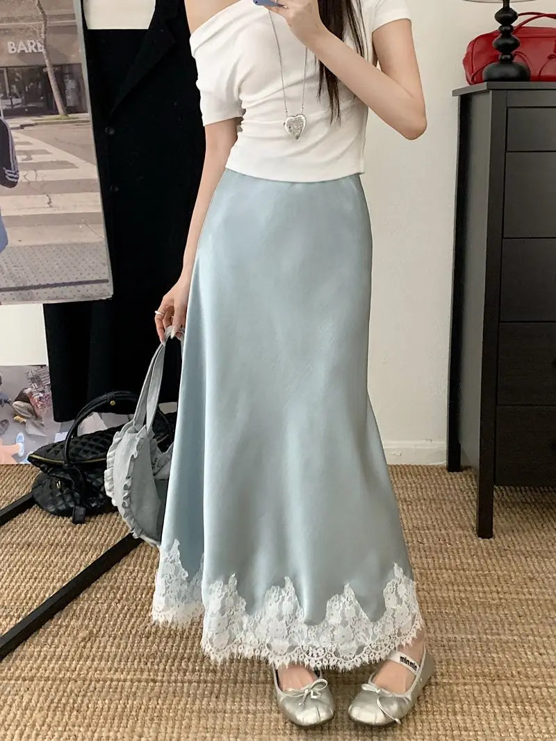 Falda Satén Mujer Larga Elegante - Falda Línea A Encaje Cintura Alta Verano