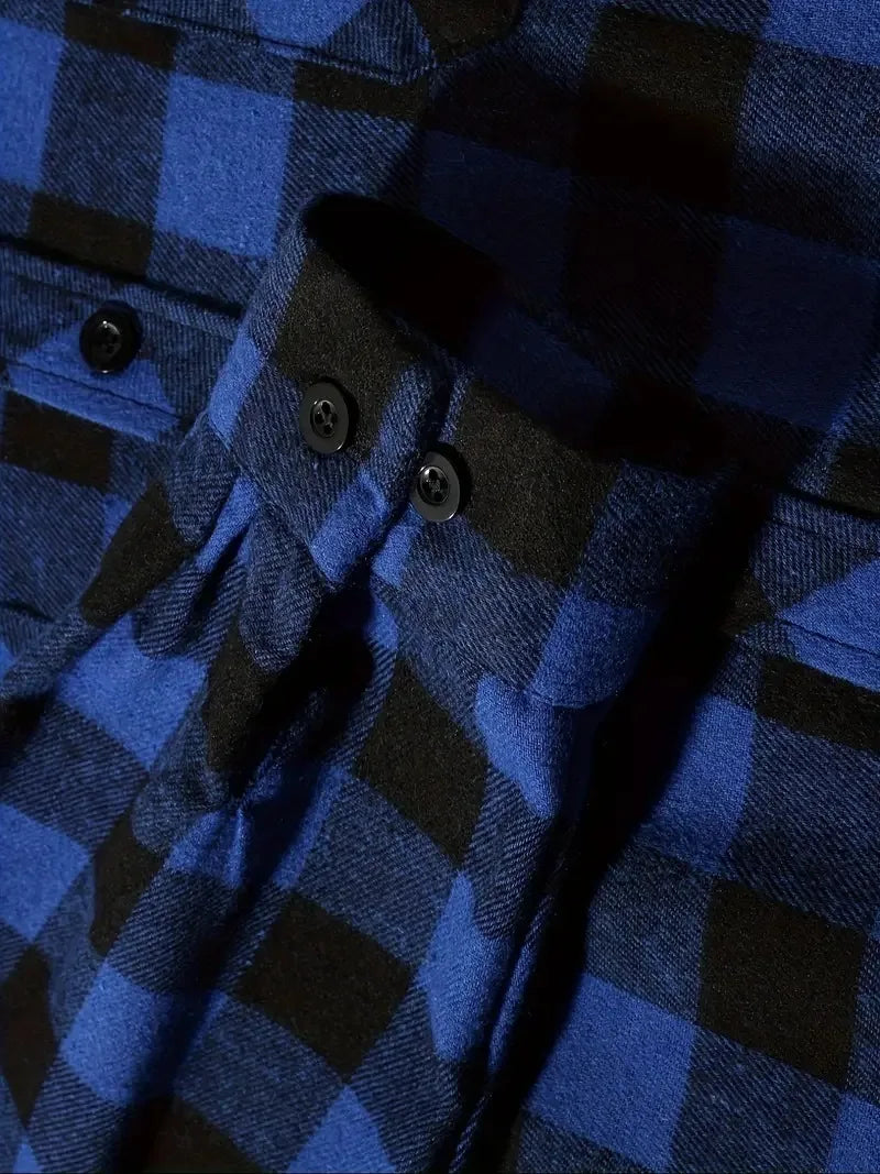 Camisa Hombre Franela Cuadros Capucha - Primavera Otoño Clásica Casual Botones Manga Larga Doble Bolsillos Hoodie Unisex