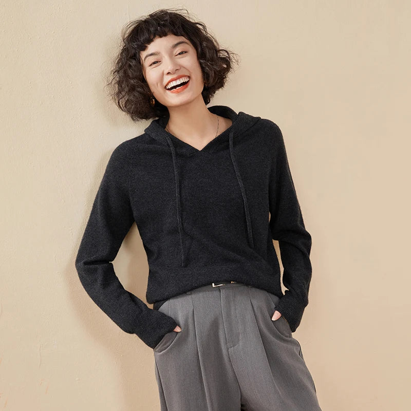 Sudadera Mujer Cashmere Capucha 100% - Pullover Punto Otoño Invierno Lujo