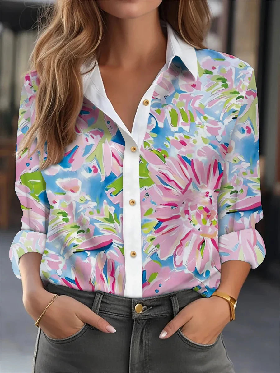 Blusa Mujer Holgada Estampada - Camisa Casual Manga Larga