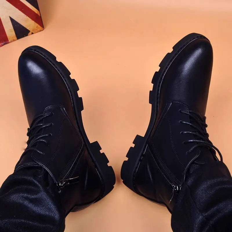 Botas Hombre Cuero Natural Negras - Casual Otoño Invierno Cowboy Platform Business Oficina Tobillo