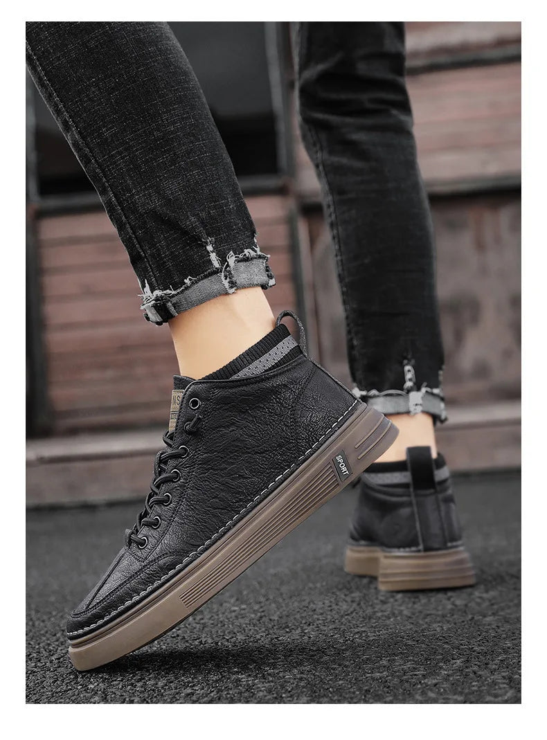 Zapatos Hombre Cuero Casual 2023 - Negros High-Top Sneakers Platform Botines Tobillo Tenis Masculino