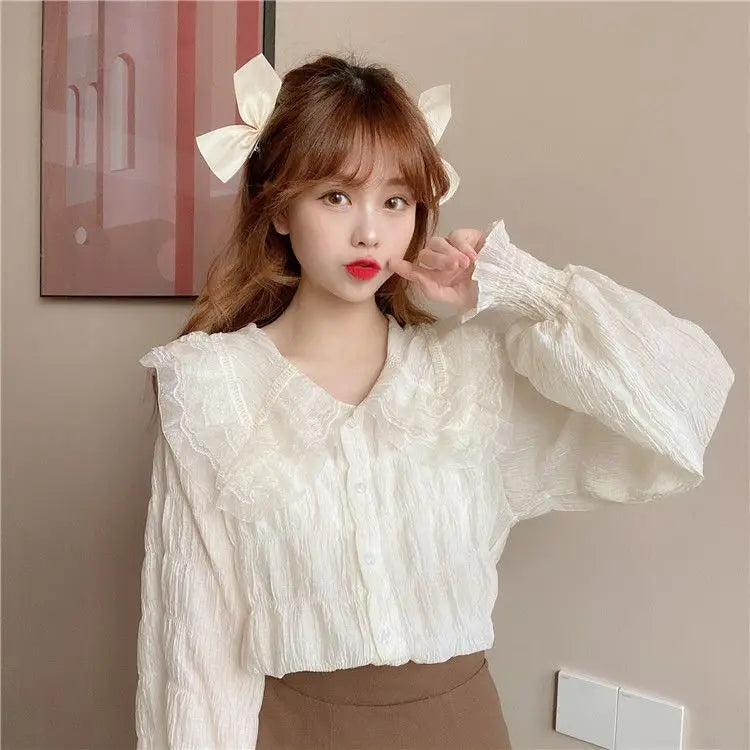 Camisa Cuello Peter Pan Mujer Coreana - Blusa Manga Larga Kawaii Primavera