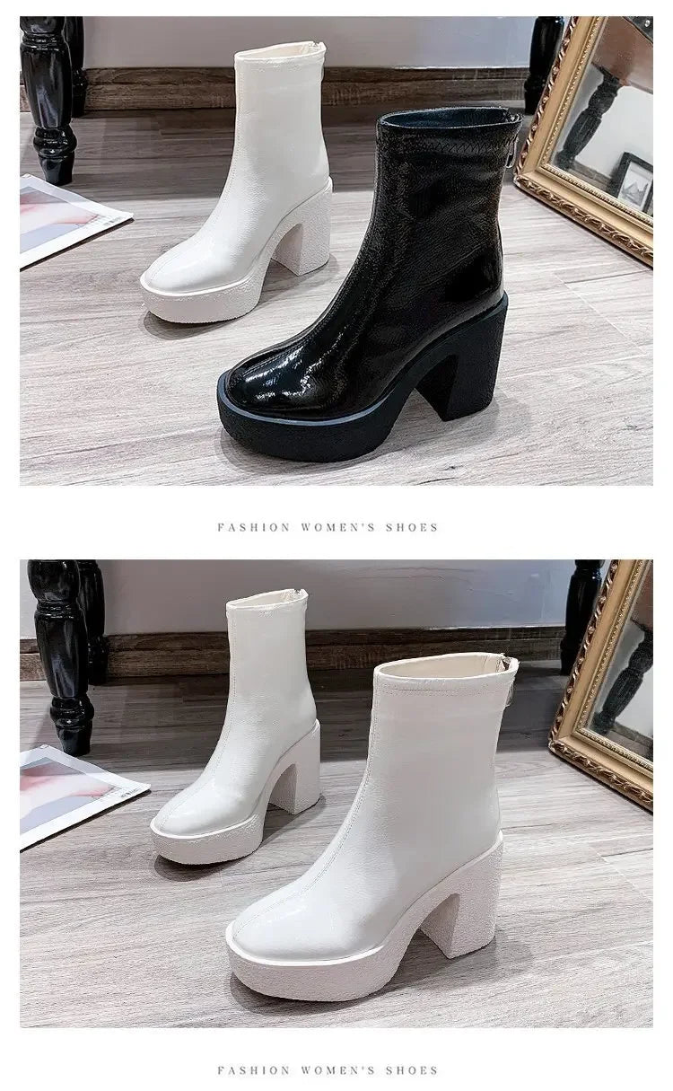 Botas Tobillo Mujer 2025 Plataforma - Cuero Tacón Alto Diseñador Goth