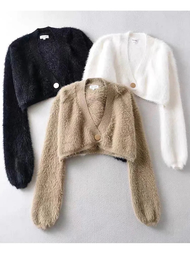 Cárdigan Mujer Corto Cuello V Punto - Sexy Crop Manga Larga Otoño Invierno