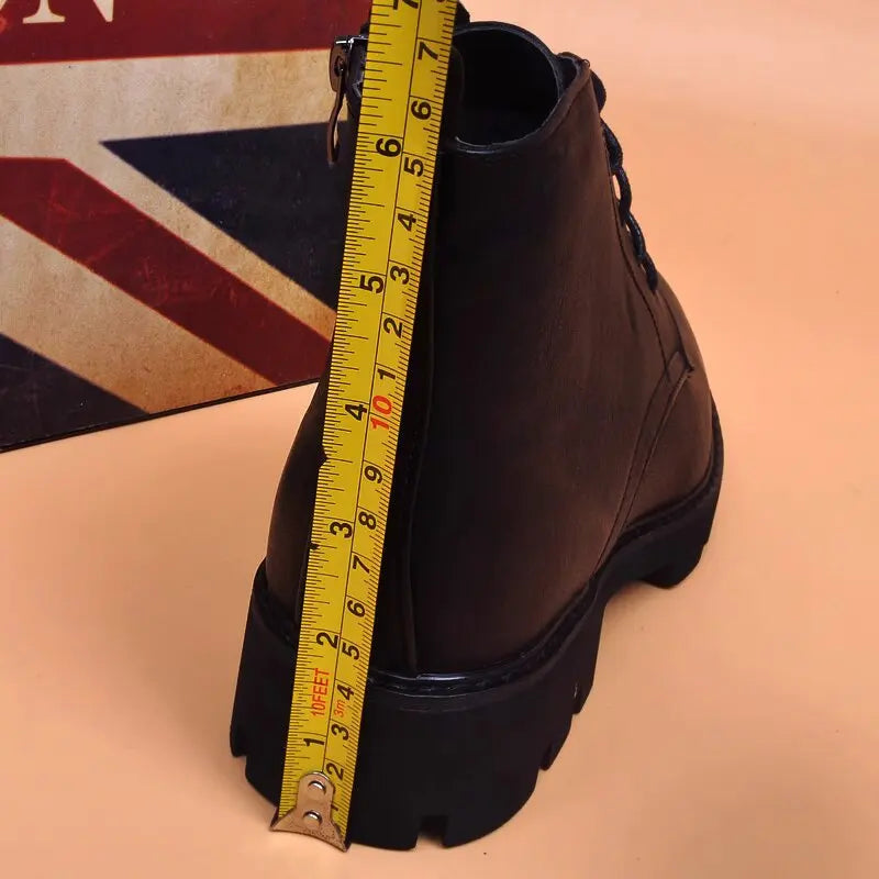 Botas Hombre Cuero Natural Negras - Casual Otoño Invierno Cowboy Platform Business Oficina Tobillo