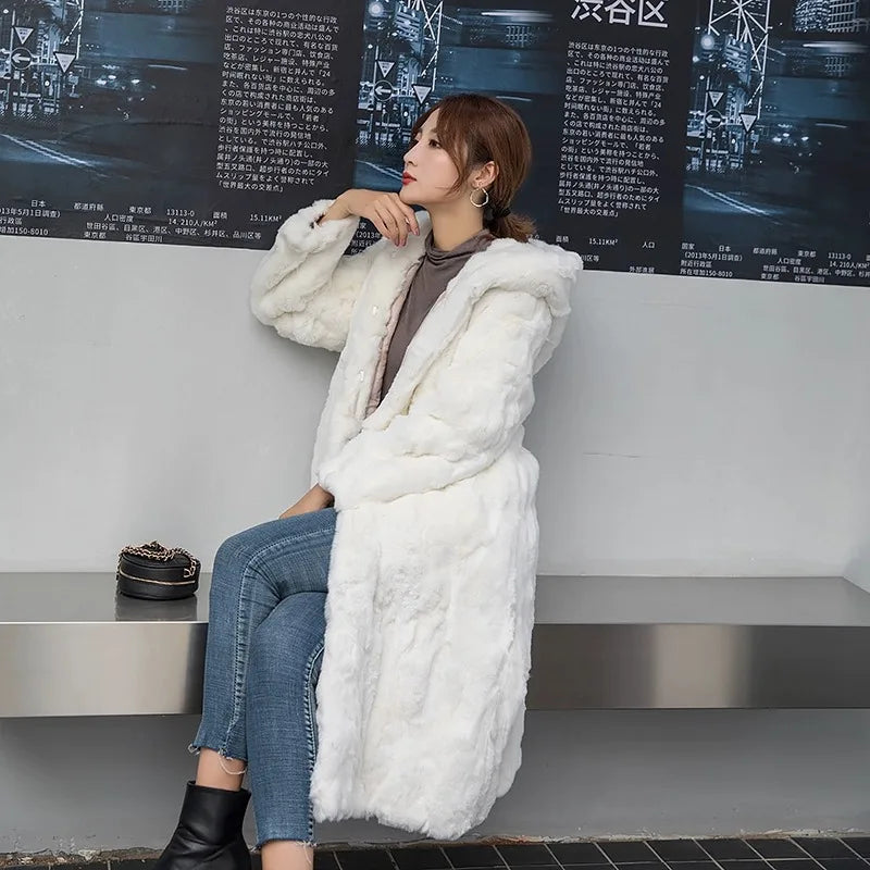 Abrigo Piel Conejo Mujer Capucha - Abrigo Real 110cm Largo Invierno