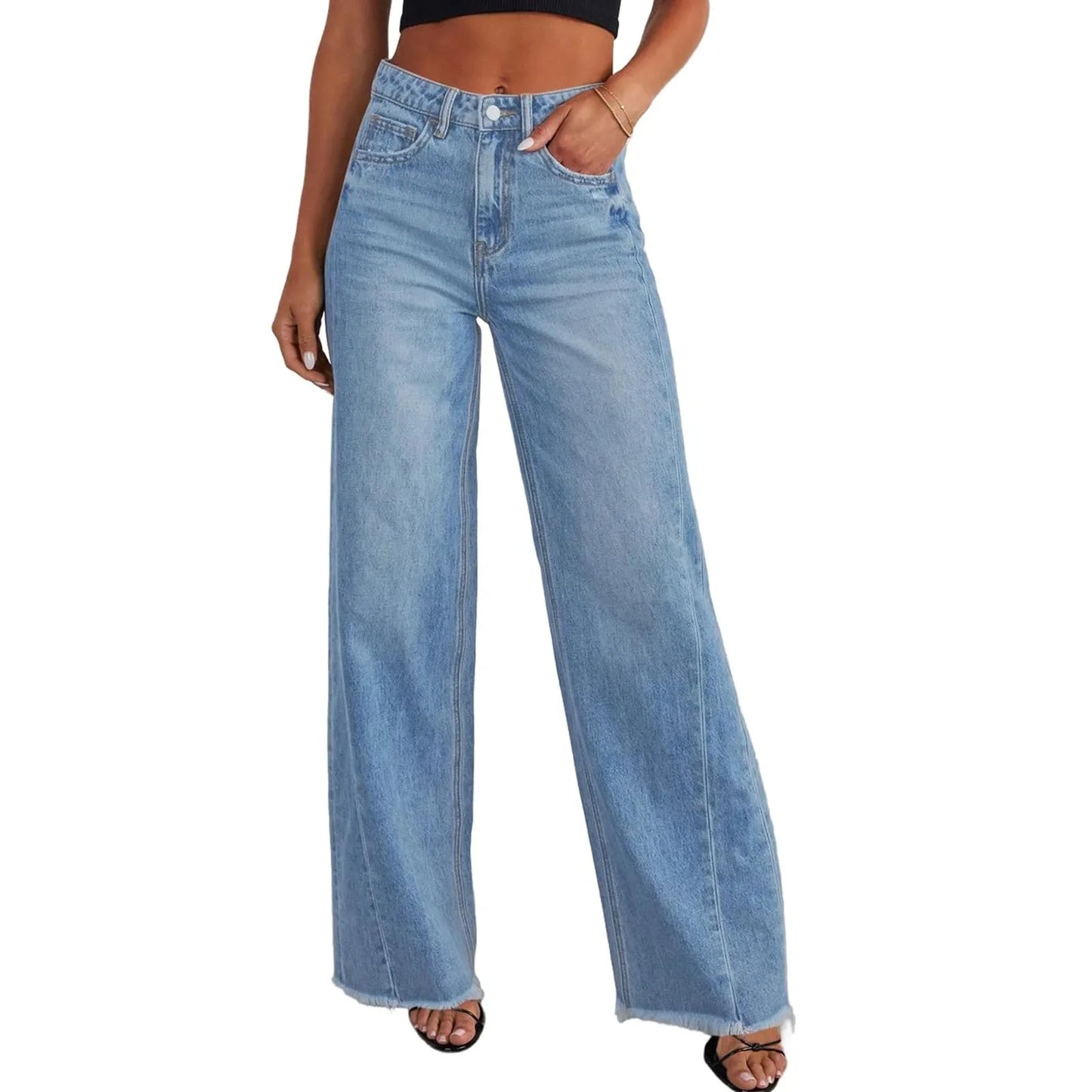 Jeans Mujer Cintura Alta Pierna Ancha - Pantalón Denim Elegante