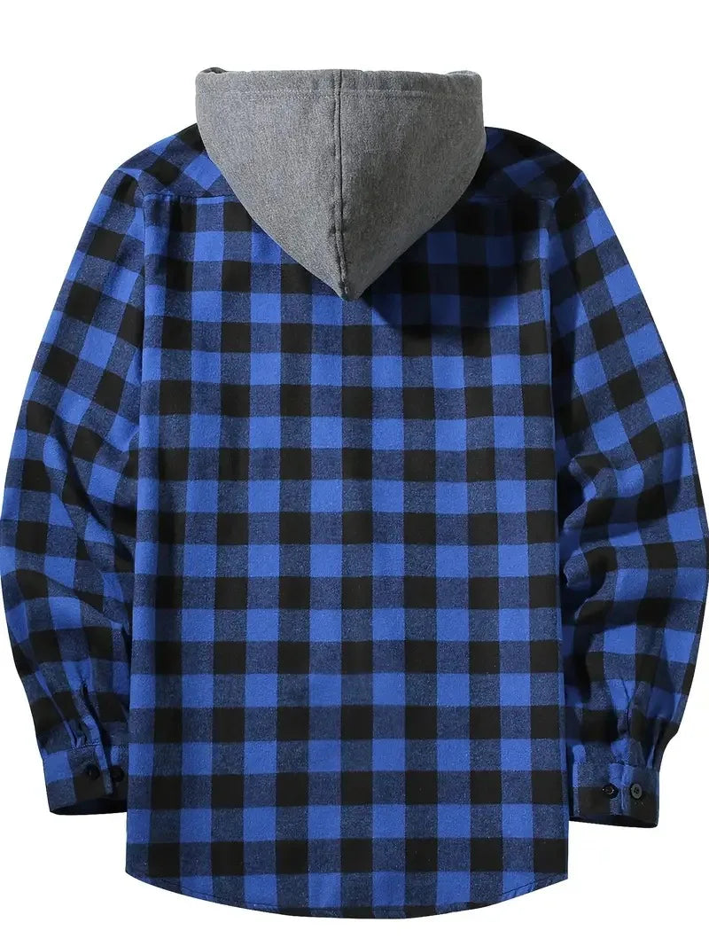Camisa Hombre Franela Cuadros Capucha - Primavera Otoño Clásica Casual Botones Manga Larga Doble Bolsillos Hoodie Unisex