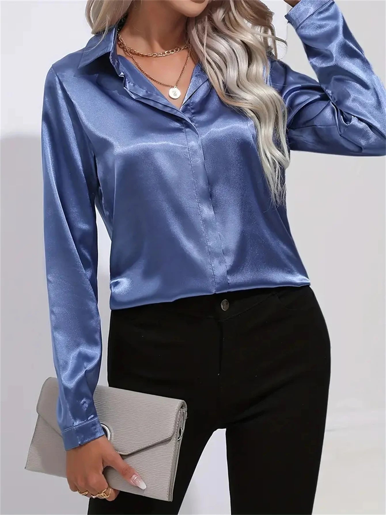 Camisa Satén Mujer Oficina - Blusa Cuello Botón Manga Larga