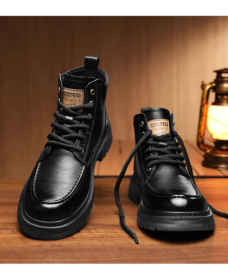 Botas Hombre Motocicleta Outdoor - Botines Casual Plataforma Cordones Marrón Negro