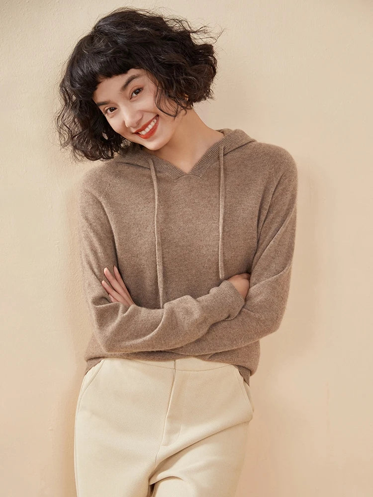 Sudadera Mujer Cashmere Capucha 100% - Pullover Punto Otoño Invierno Lujo