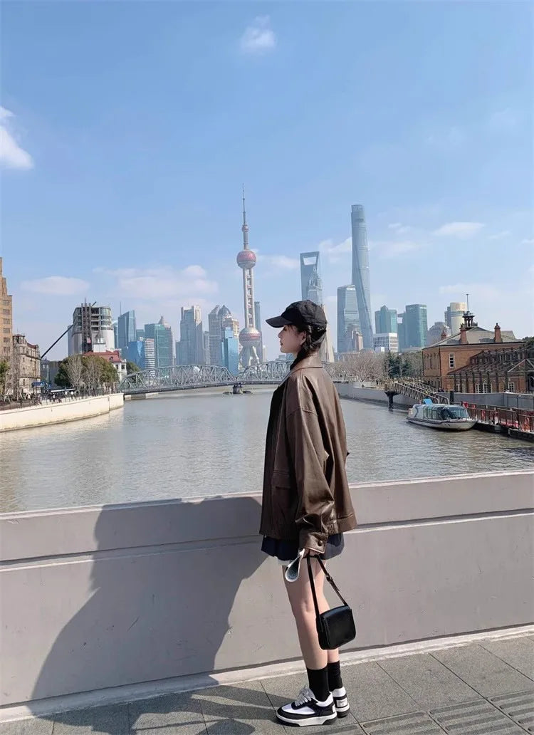 Chaqueta Cuero Mujer Americana - Chaqueta Moto Café Retro 2024