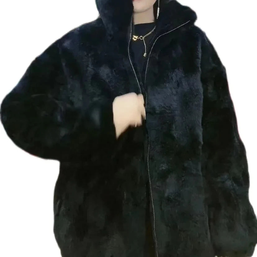 Abrigo Piel Conejo Rex Mujer - Abrigo Largo Holgado Cremallera Invierno