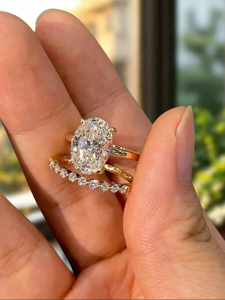 Anillo Plata 925 Oval Circonita - Set Apilable Boda Lujo Mujer