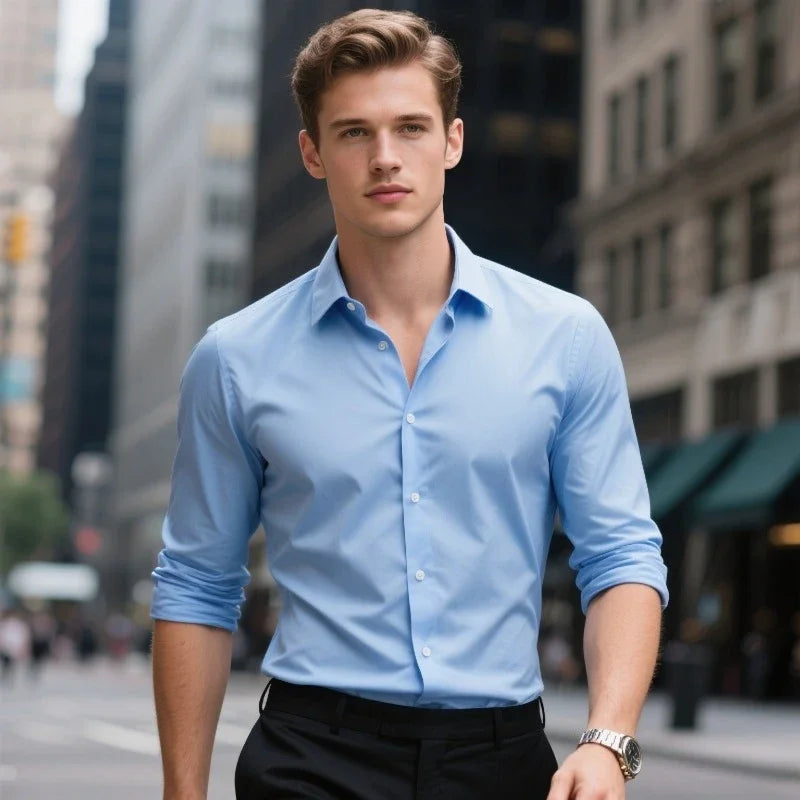 Camisa Formal Hombre Tejido Elástico | Manga Larga Elegante Oficina