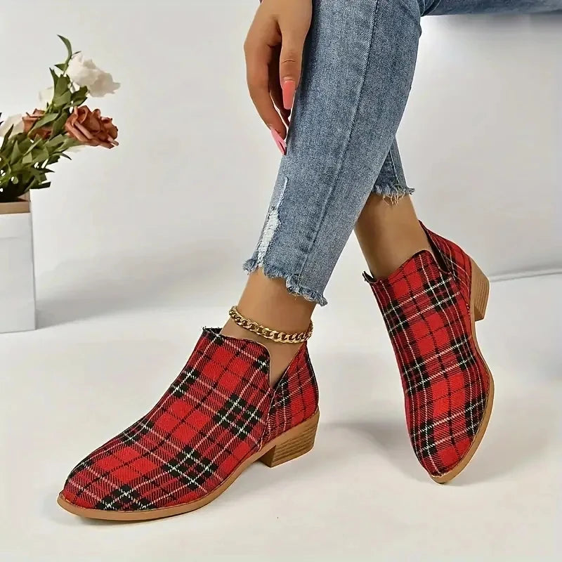 Botas Tobillo Mujer Navidad Cuadros - Chelsea Retro Rojo Plataforma