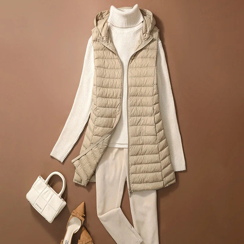 Chaleco Mujer Plumas Pato Ligero - Chaqueta Larga Capucha Slim Otoño