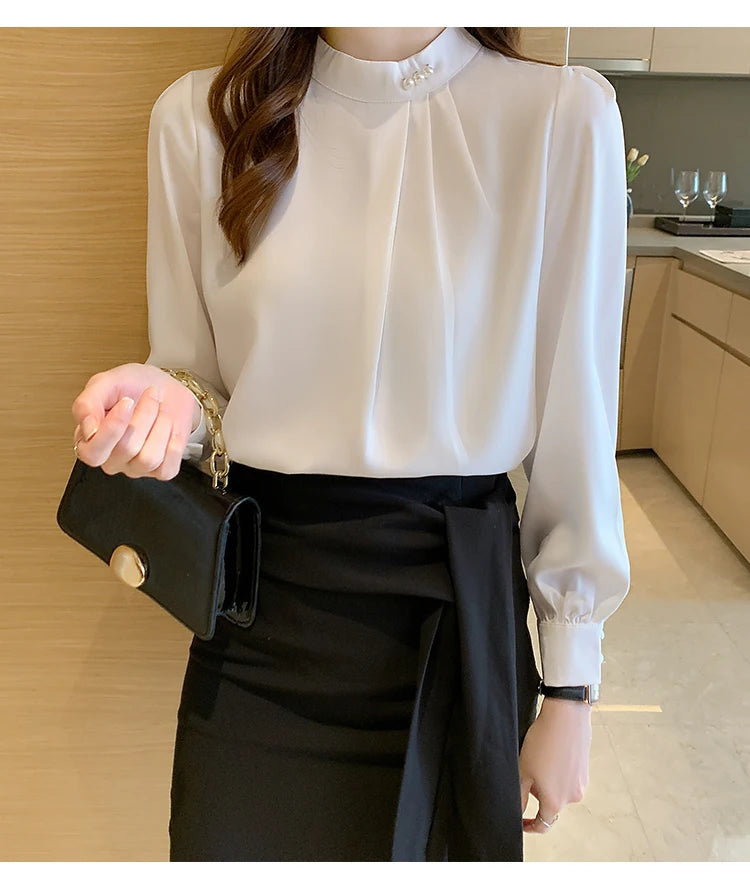 Blusa Satén Mujer Pedrería - Camisa Oficina Primavera Otoño 2025