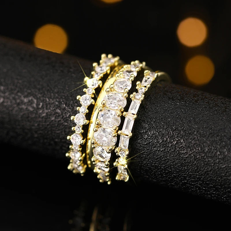 Set 4 Anillos Apilables Circonita - Lujo Trendy Boda Mujer