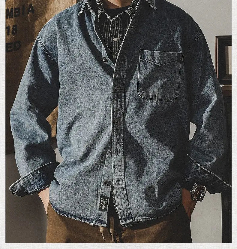 Camisa Denim Hombre Retro Trabajo - Casual Chaqueta Primavera Otoño Azul Manga Larga