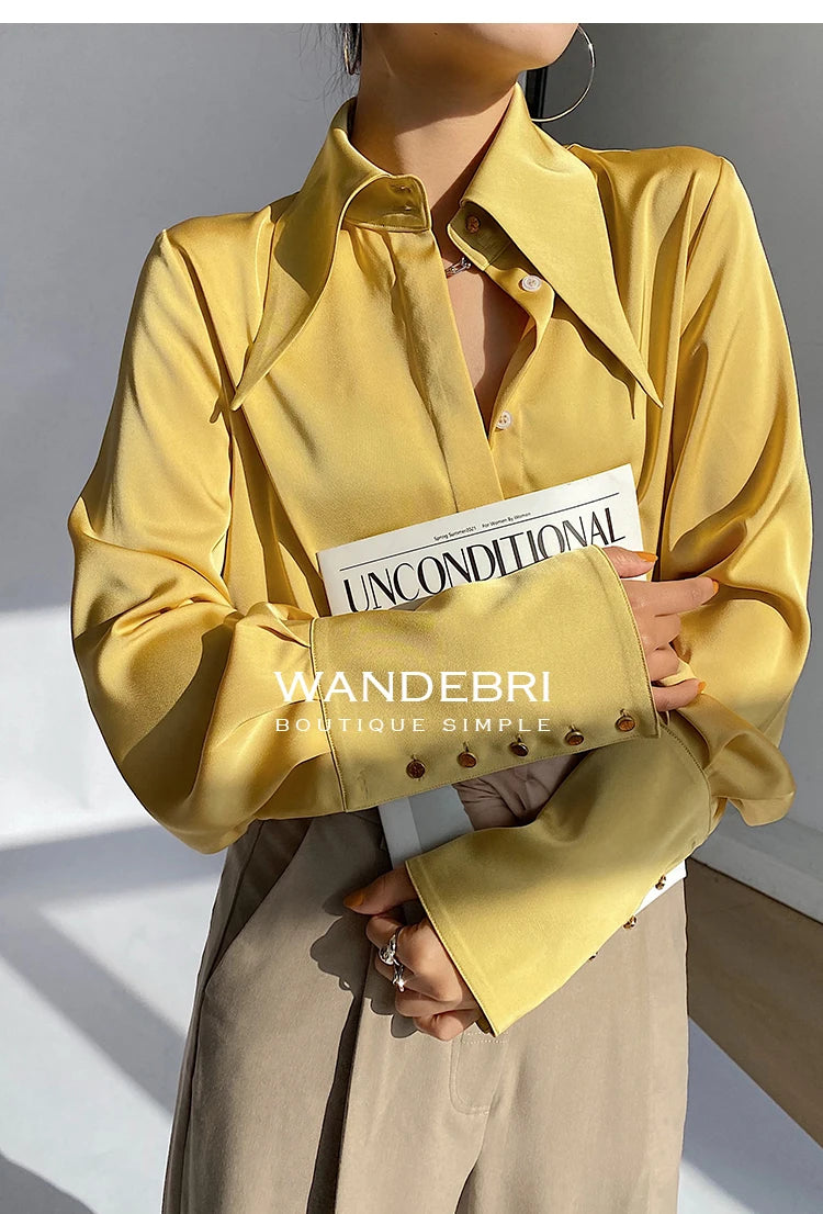 Camisa Satén Seda Mujer Vintage - Blusa Blanca Manga Larga Elegante