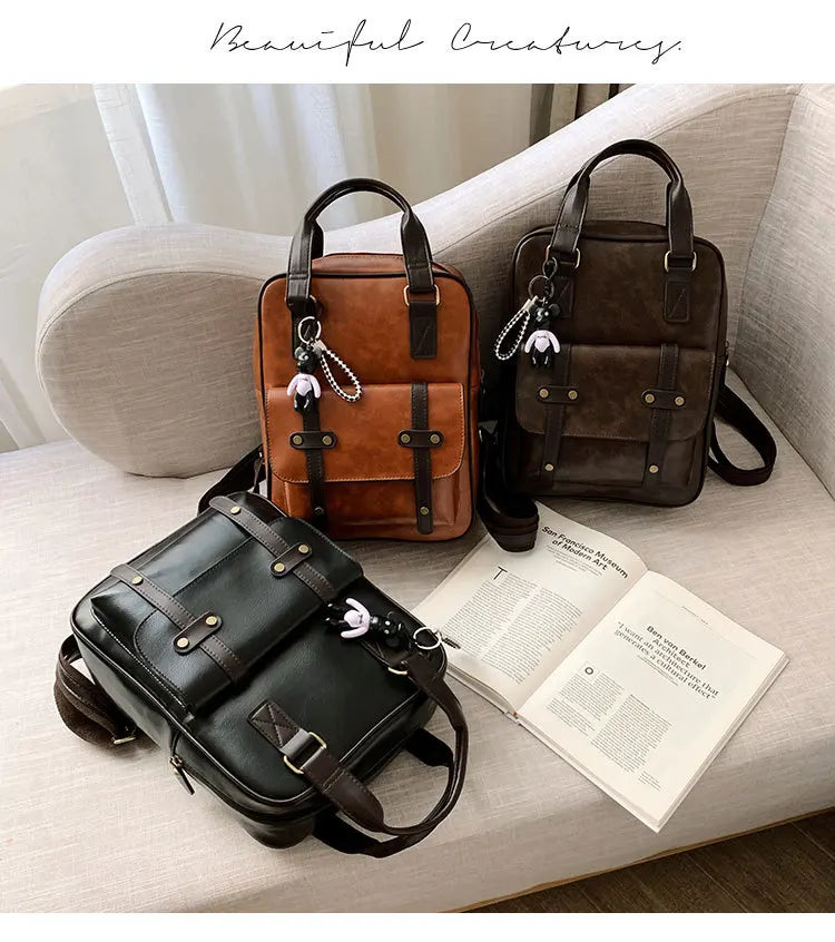 Mochila Cuero Juvenil Unisex - Alta Calidad Adolescentes Escolar Hombro Satchel Color Sólido