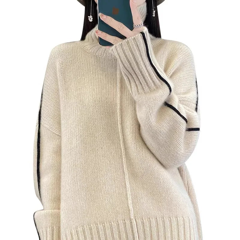 Jersey Mujer Cashmere 100% Cuello Alto - Holgado Grueso Invierno Lujo