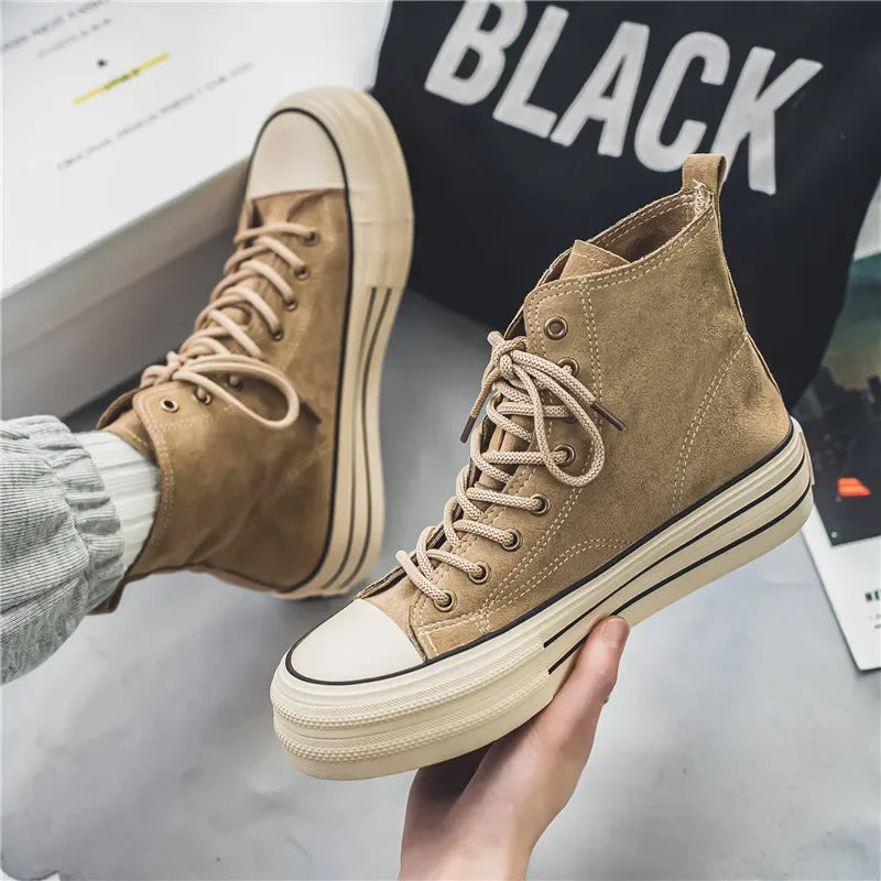 Sneakers Hombre Ante High-Top - Casual Vintage Marrón Botines Tobillo Suela Gruesa Tendencia Cordones