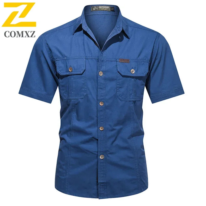 Camisa Hombre Trabajo Cargo 2025 - 100% Algodón Manga Corta Multi-Bolsillos Pesca Caza Verano