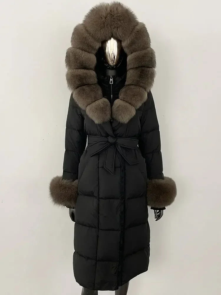 Abrigo Mujer Plumas Pato Piel Mapache - Chaqueta Larga Invierno Lujo