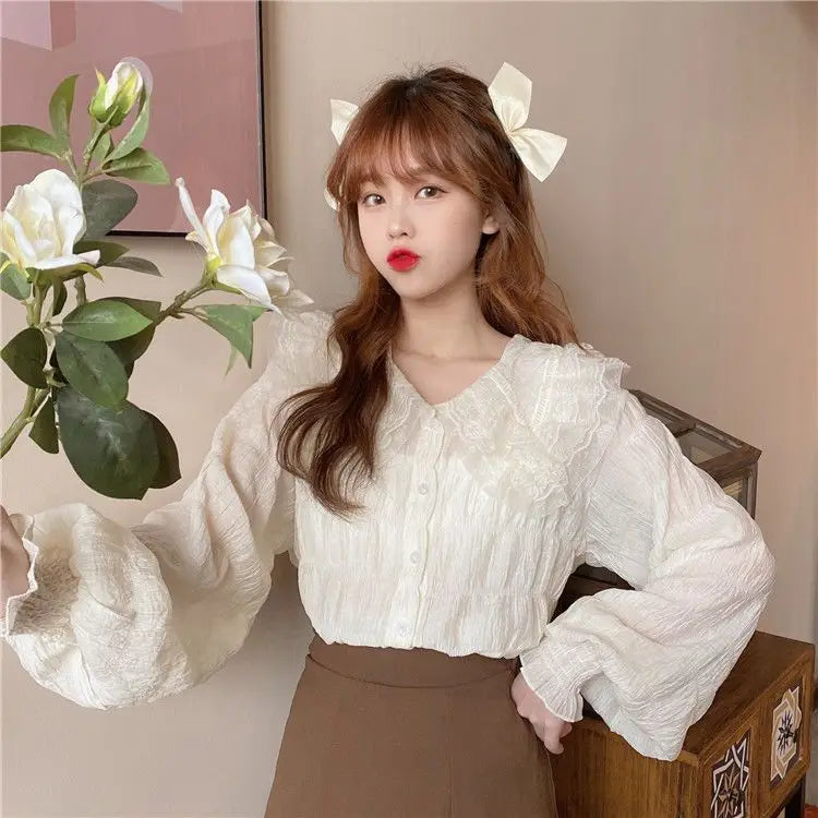 Camisa Cuello Peter Pan Mujer Coreana - Blusa Manga Larga Kawaii Primavera