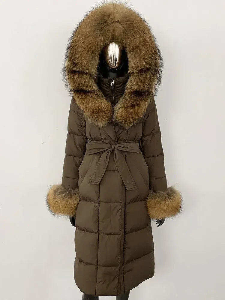 Abrigo Mujer Plumas Pato Piel Mapache - Chaqueta Larga Invierno Lujo