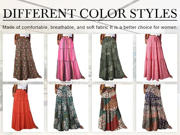 Falda Bohemia Mujer Larga Estampada - Falda Cintura Elástica Bolsillos Primavera