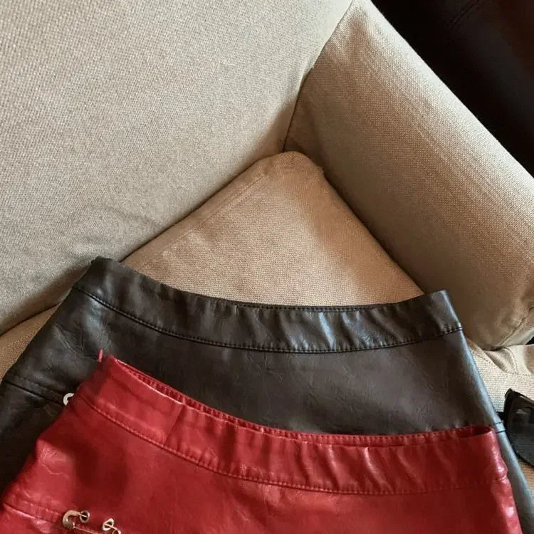 Falda Piel Plisada Mujer Mini - Falda Cuero PU Cintura Alta Roja Negra