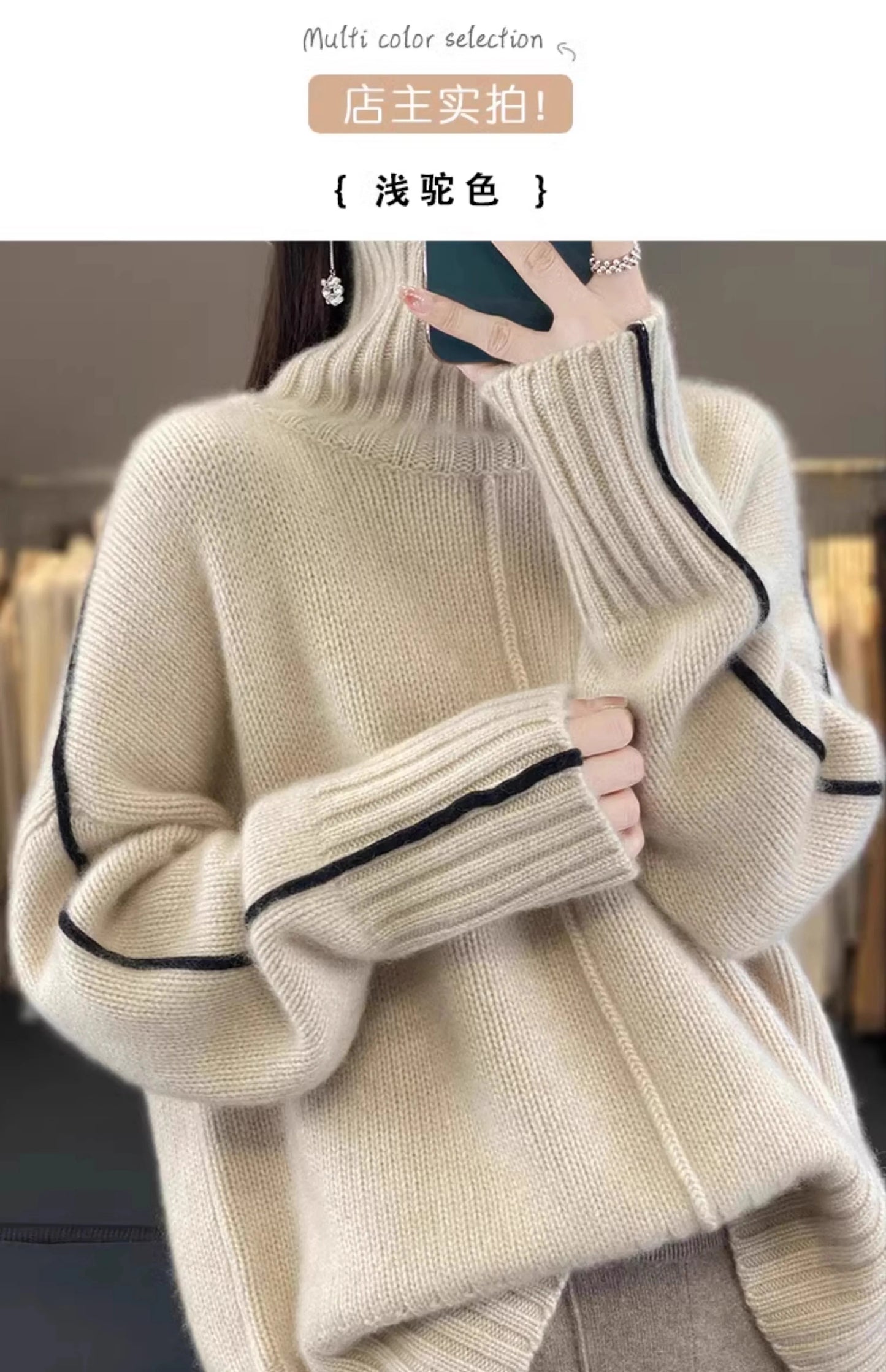 Jersey Mujer Cashmere 100% Cuello Alto - Holgado Grueso Invierno Lujo